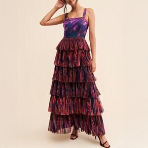 Hutch Anthropologie Purple Pink Abstract Tulle Tiered Ruffle Gown Size 4